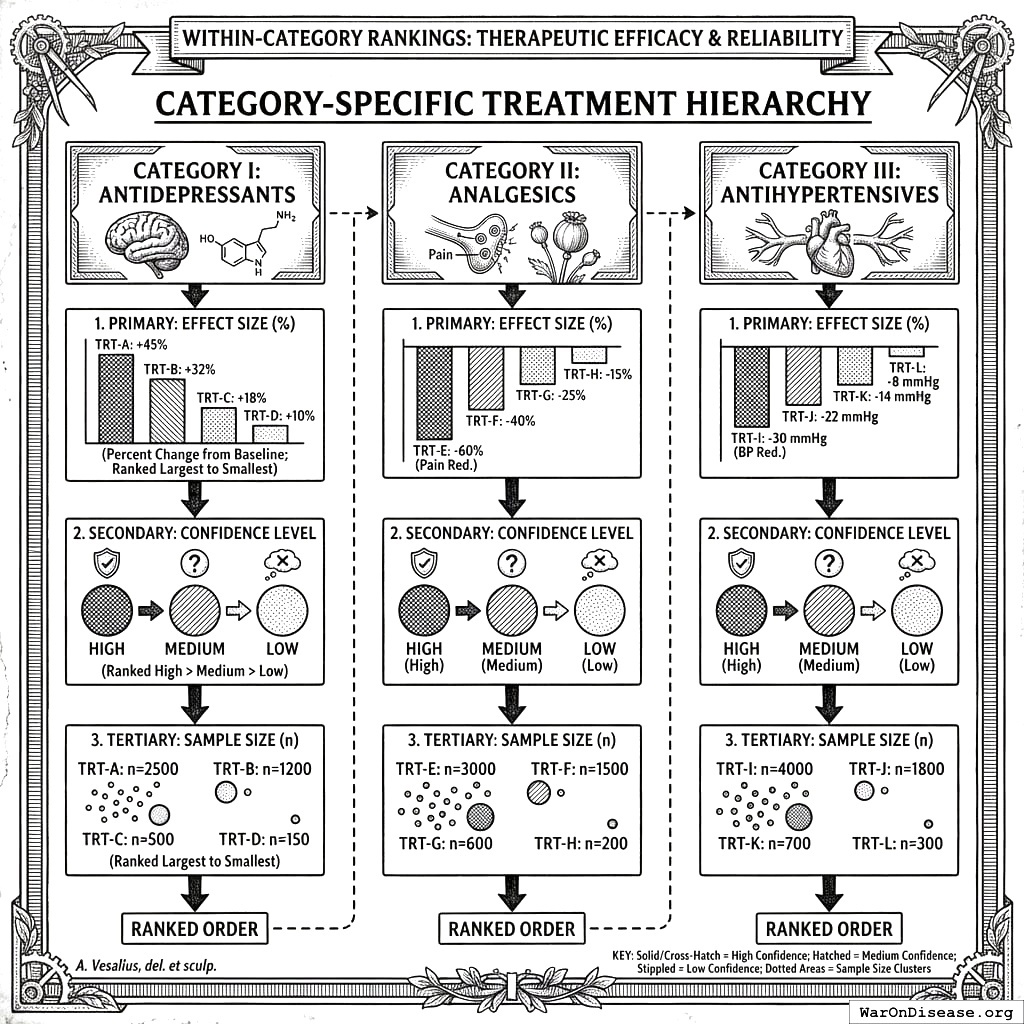Treatments ranked by: does it work (most important), are we sure (pretty important), and how many people did we watch (least important). Revolutionary prioritization.