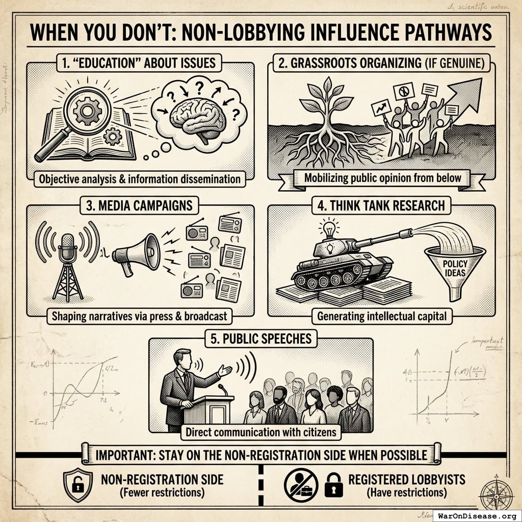 A conceptual diagram contrasting advocacy activities that do not require registration with the restricted environment of registered lobbying.