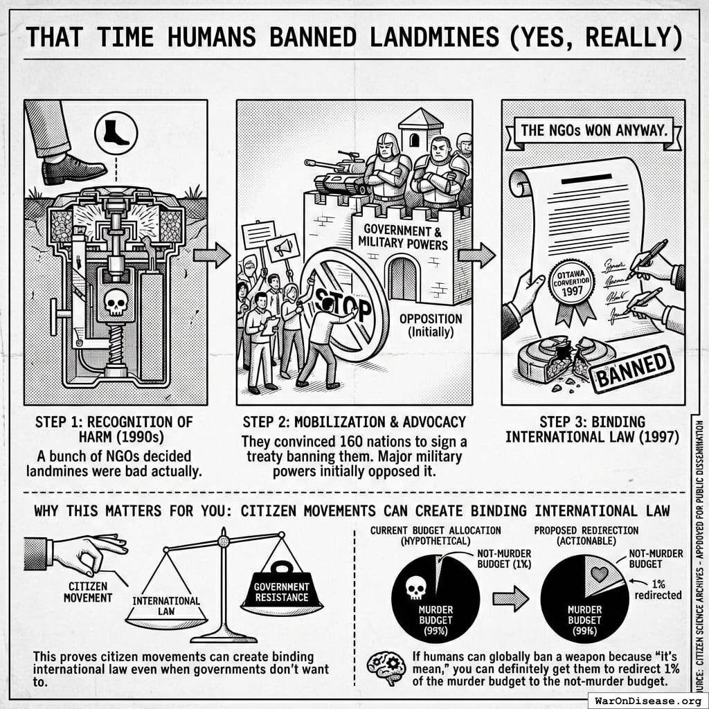 A visualization showing the flow of influence from NGO advocacy to the signing of the Ottawa Treaty by 160 nations, overcoming the opposition of major military powers.